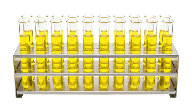 Laboratory test tubes with yellow liquid in rack.