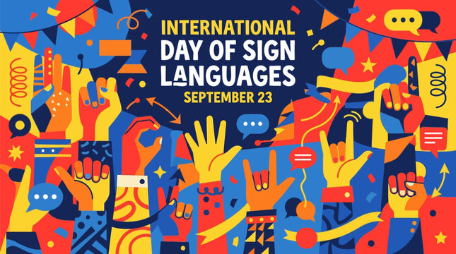 International day of sign languages poster design with colorful hands making various signs, celebrating communication and inclusivity on september 23
