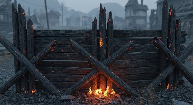 Scorched wooden barrier with burning logs and embers