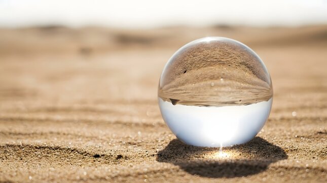 Transparent glass orb resting on dry desert sand inverting the arid landscape highlighting global warming and severe environmental desertification