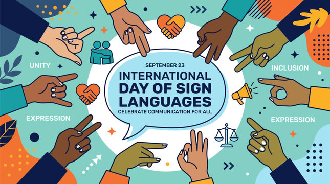 International day of sign languages poster with diverse hands signing, speech bubble, and icons representing unity, inclusion, and communication for all