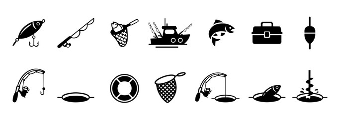 Fishing and angling silhouette icon set with fish fishing rod lure boat tackle box float and sport fishing equipment vector illustration © Rick Cranches