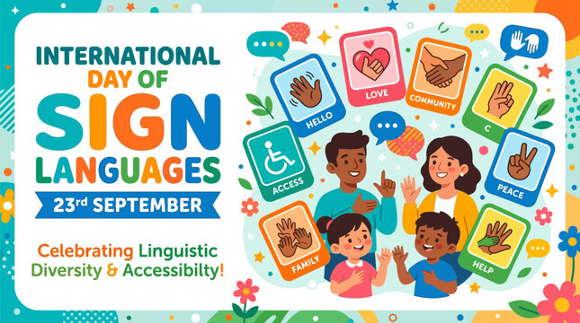 International day of sign languages poster with diverse people using sign language and colorful icons representing accessibility, love, and community
