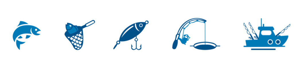 Fishing and angling outline icon set with fish fishing rod lure boat and sport fishing equipment vector illustration © Rick Cranches