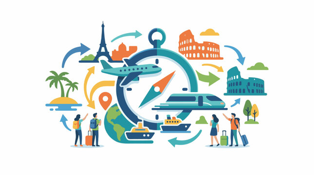 Diverse travel methods connect iconic landmarks around a compass