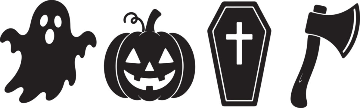 Set of black halloween icons featuring a ghost pumpkin coffin and a sharp axe tool