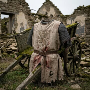 Tattered Knight's Surcoat in Medieval Ruins with Cart