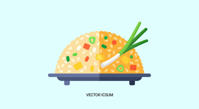 A colorful cartoon illustration of a plate of fried rice with scallions
