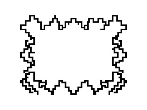 Black pixelated jagged border rectangular frame design element for retro gaming branding and digital tech layouts isolated vector graphic illustration on white background for art