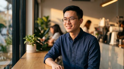 Fototapeta premium Young Asian man smiling sitting at a wooden table in a cafe