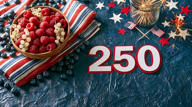 Independence day celebration concept with raspberries, blueberries, and sparklers