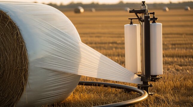 Automatic bale wrapper machine applying plastic film to hay bale in farmland with agriculture machinery equipment agricultural production cylindrical countryside