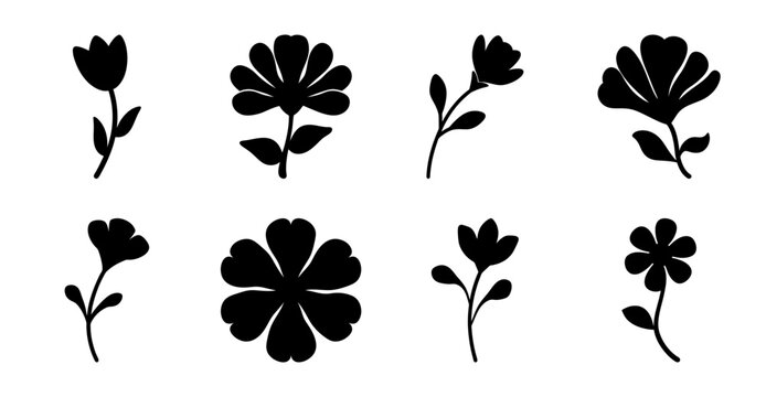 Black and white floral icons set with four styles - A clean set of minimalist black and white floral icons featuring four distinct flower styles, perfect for design projects and branding.