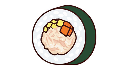 A cross-section of sushi shows rice, creamy filling, and diced yellow and orange ingredients © Ahmad
