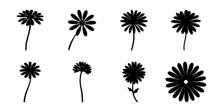 Black and white simple daisy flowers icon set - Minimalist vector illustration of six stylized daisies in black and white, ideal for nature, floral, or decorative designs.