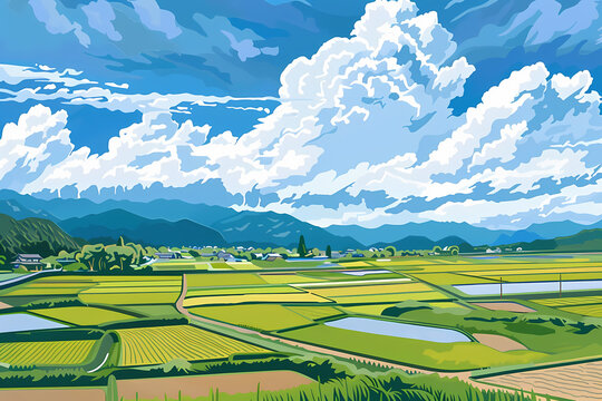 Vibrant illustration of summer rice fields and big clouds