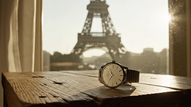 Elegant wristwatch on wooden table with Eiffel Tower view at sunrise, Paris