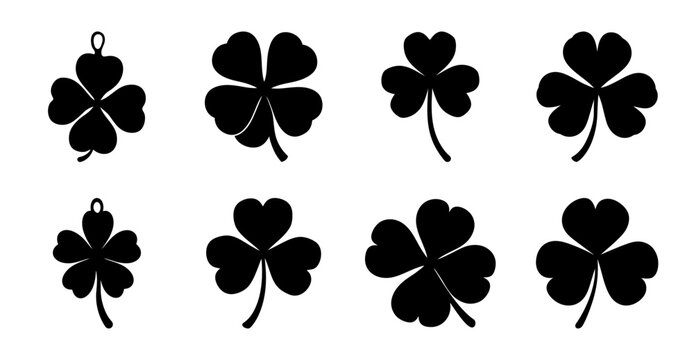 Black four-leaf clover icons set - A collection of stylish black four-leaf clover icons in various orientations for vector use.