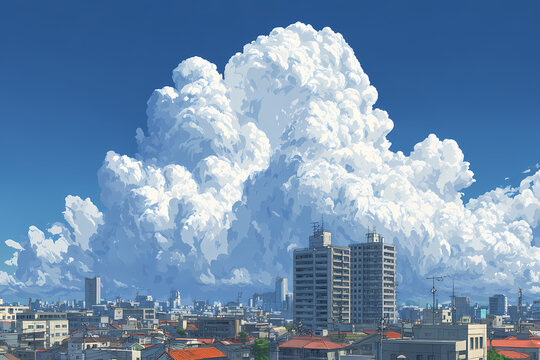 Japanese city landscape under a giant white thunderhead cloud in anime illustration style