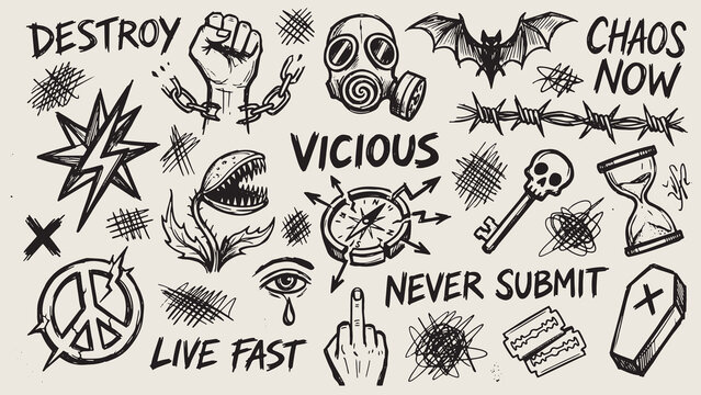 Punk rebellion sketches with anarchist slogans and chaotic symbols on light background