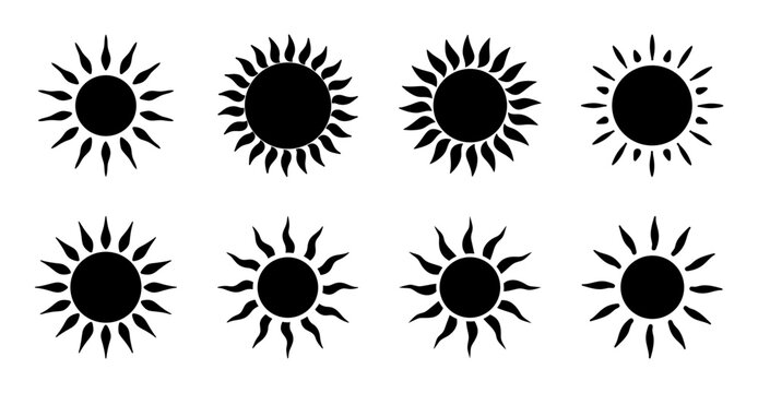 Black sunburst icons in a grid pattern - Minimalist black sunburst icons arranged neatly in a clean grid layout, ideal for energy, power, or design projects.