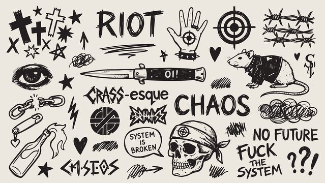 Punk anarchist doodles with rebellious slogans and chaotic symbols on light background