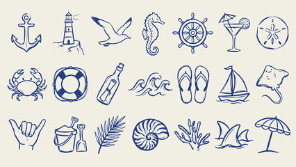 Nautical summer icons with anchor lighthouse sailboat sea creatures and tropical elements in blue line art on light background © Abdul Waheed Studio