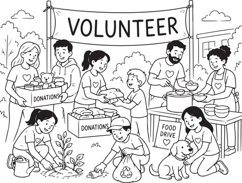 Group of volunteers working together on a charity community food drive event