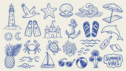 Summer themed illustrations with lighthouse pelican dolphin turtle and tropical objects in playful blue line art on light background © Abdul Waheed Studio