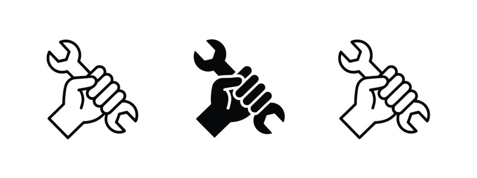 Hand holding wrench icon set representing manual labor, repair services, maintenance work and technical empowerment concepts.