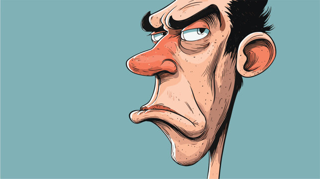 A close-up cartoon illustration depicts a man with exaggerated features, a furrowed brow, and a grumpy expression, conveying a strong sense of displeasure or skepticism.
