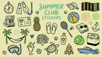Playful summer themed sticker collection with colorful drawings of vacation activities and tropical objects on light yellow background © Abdul Waheed Studio