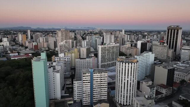 Downtown Curitiba, Paran&aacute;. Aerial view at sunset.