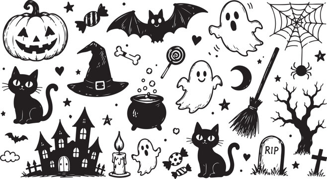 Set of hand drawn halloween doodle icons with spooky characters and symbols