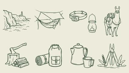 Outdoor camping adventure illustration with lighthouse hammock lantern llama backpack coffee pot axe sleeping bag and multitool on beige background © Abdul Waheed Studio