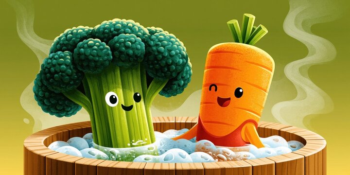 Cute vegetables unwind in a warm soothing spa