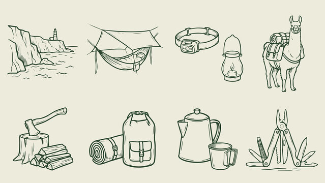 Outdoor camping adventure illustration with lighthouse hammock lantern llama backpack coffee pot axe sleeping bag and multitool on beige background