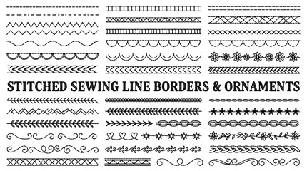 Stitched sewing line borders and textile ornaments collection with stitched ornament embroidery collection decoration crafting © Kazi Imrul Kayes