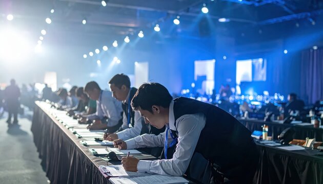 Professionals coordinating large conference using checklists and schedules