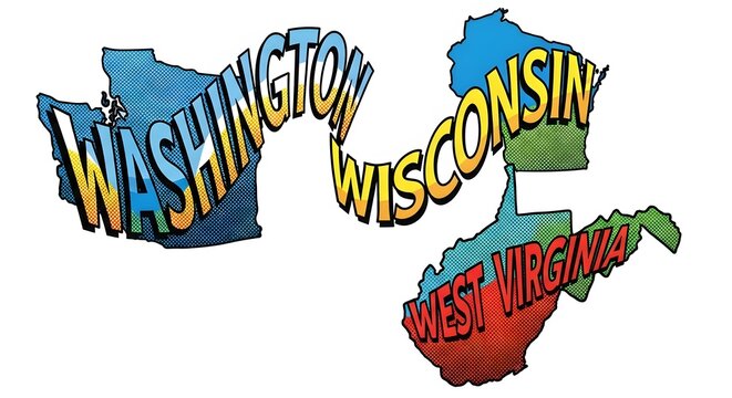 US states names Washington Wisconsin West Virginia typographic state map illustration