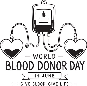 World blood donor day hand drawn illustration with heart shapes and blood bag