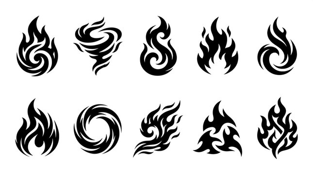 Collection of abstract fire flame and vortex symbols with abstract illustration collection fireball minimalist decorative