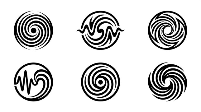 Set of circular vortex spiral designs and abstract wave patterns with abstract circular movement collection geometric rotation