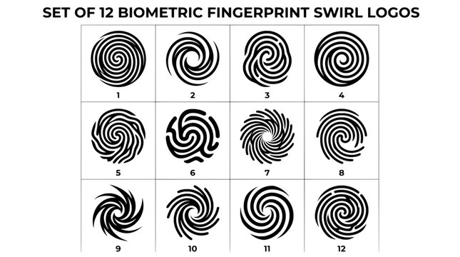 Set of twelve biometric fingerprint swirl icons and abstract circular logos with fingerprint biometric identity security