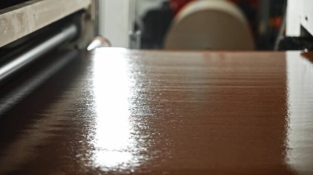 Examining Cured Brown Film Under Roller With Reflective Surface During Manufacturing Process