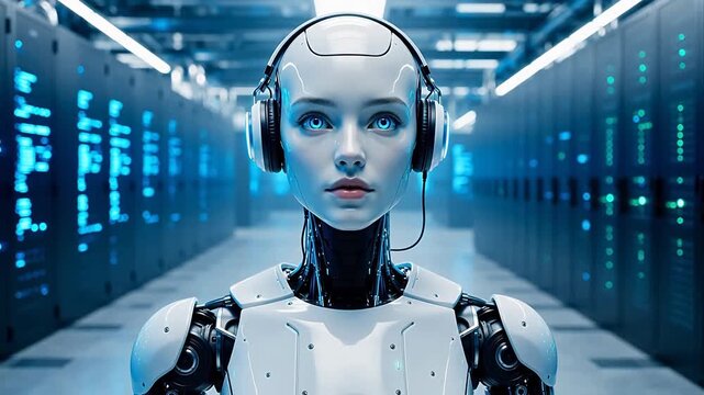 Futuristic robot in server room