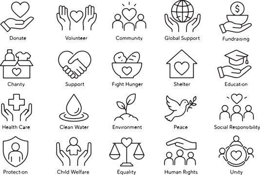 Set of simple charity and social responsibility icons on white background