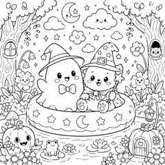 Fototapeta premium Cute little ghost and adorable teddy bear wearing witch hats sitting together in a floating ring surrounded by water, flowers, and trees.