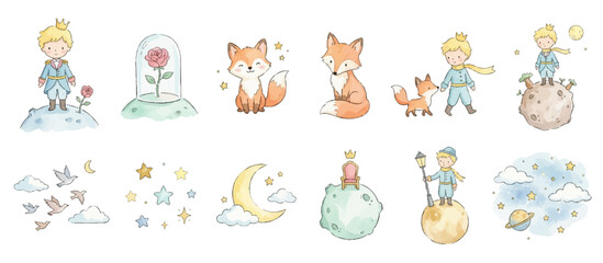 Naklejka premium Cute little prince inspired watercolor collection with whimsical celestial elements. Collection of Vector illustrations for invitation, card, poster, banner, decoration 