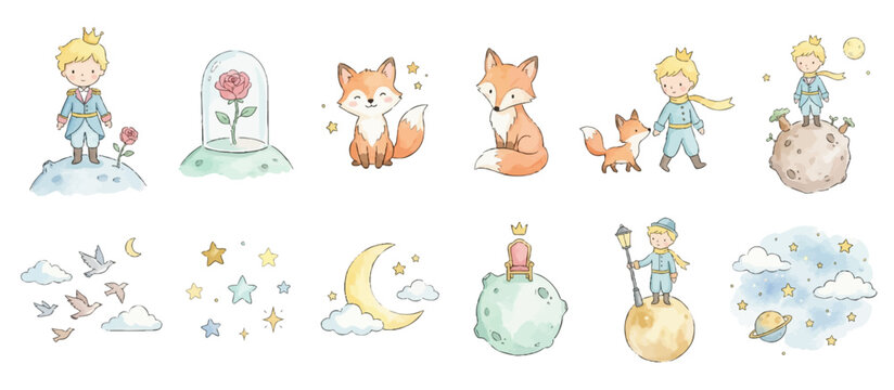 Cute little prince inspired watercolor collection with whimsical celestial elements. Collection of Vector illustrations for invitation, card, poster, banner, decoration
